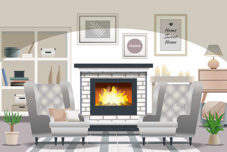 Hygge stile living room interior composition with fireplace cozy armchairs candles pillows wall decoration flat vector illustrationのイラスト素材