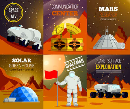 Set of flat cards of planet colonization with spaceman research of mars exploration equipment isolated vector illustrationのイラスト素材