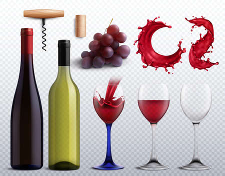 Wine realistic transparent set with grapes and glass isolated vector illustrationのイラスト素材