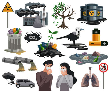 Ecological disasters flat images set with air water pollution hazardous waste related health...