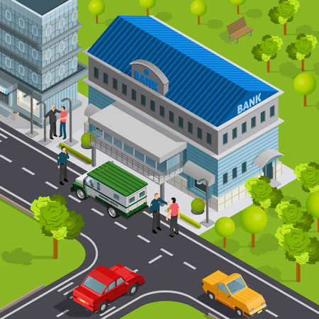 Bank isometric composition with view of city street and building with cash delivery vehicle and people vector illustrationのイラスト素材