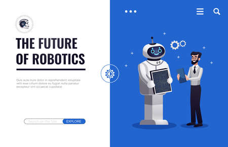 Robotics future concept website title flat design with search button humanoid robot and man cooperation vector illustrationのイラスト素材