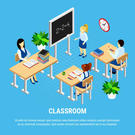Pupils and teacher at mathematics lesson in classroom education 3d isometric vector illustrationのイラスト素材
