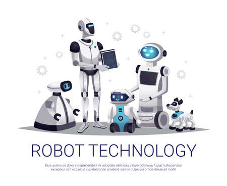 Next generation robots future technology flat composition with humanoid automated helpers and remote...