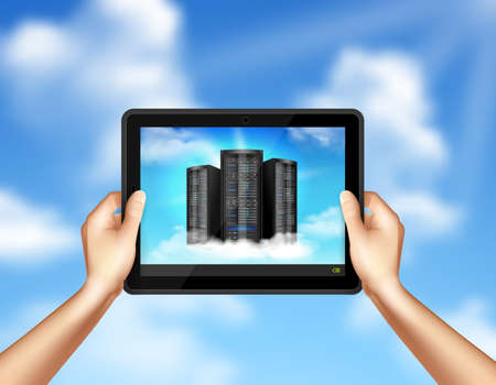 Cloud storage service realistic composition with hands holding tablet with computer drives image sky...
