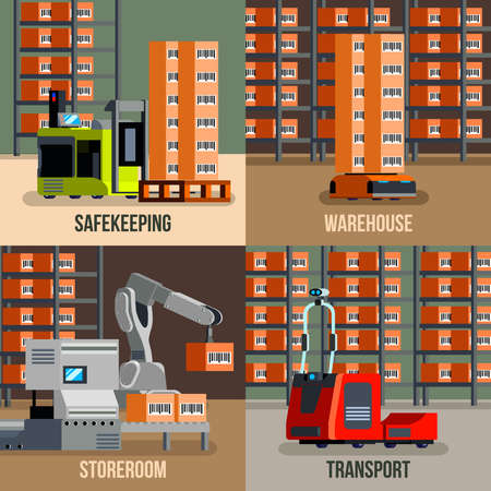 Automated warehouse with robots and storage equipment flat design concept isolated vector illustrationのイラスト素材