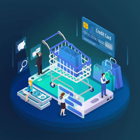 E-commerce mobile shopping glow isometric composition with cart credit card customers on smartphone screen vector illustrationのイラスト素材