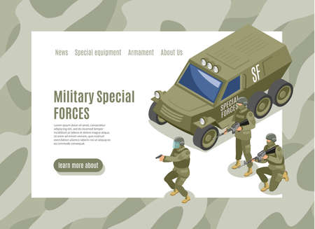 Military special forces isometric web page with menu interface and army vehicle with soldiers vector illustrationのイラスト素材