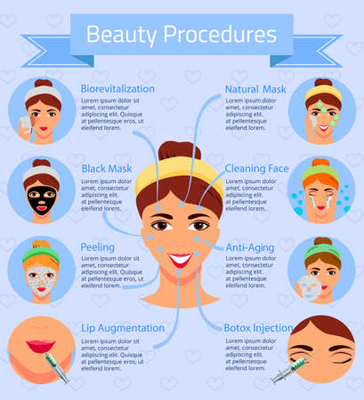 Woman face and information about beauty salon procedures flat infographics on blue background vector illustrationのイラスト素材