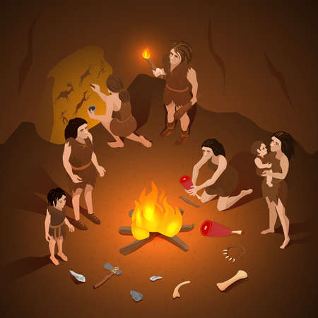 Primitive ancient people life isometric composition with roasting meat over fire and cave rock painting vector illustrationのイラスト素材
