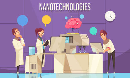 Nanotechnologies flat poster with scientists conducting experiments on human brain in modern scientific laboratory vector illustrationのイラスト素材