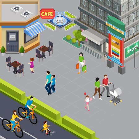 Family with pram and little daughter walking past cafe in city center pedestrian street isometric vector illustrationのイラスト素材