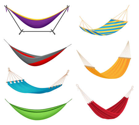 Different types colorful hanging fabric rope hammocks set with poolside attached to stands variety isolated vector illustrationのイラスト素材