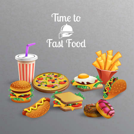 Fast food meal with burgers donuts sandwiches pizza french fries drink on grey background cartoon vector illustrationのイラスト素材