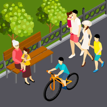 Family summer weekend vacation outdoor isometric composition with walking mom father kids and son cycling vector illustrationのイラスト素材