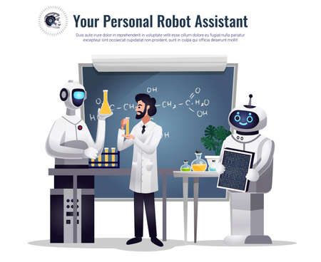 Robots in scientific research flat composition with automated humanoid assistants performing tests in chemical lab vector illustrationのイラスト素材