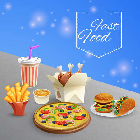 Plates with various fast food sauce and drink on grey table cartoon vector illustrationのイラスト素材