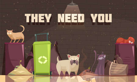 Homeless animals poster with cats near trash containers and they need you headline flat vector illustrationのイラスト素材
