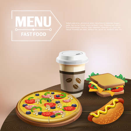 Fast food background with pizza sandwich hot dog and coffee on wooden table cartoon vector illustrationのイラスト素材