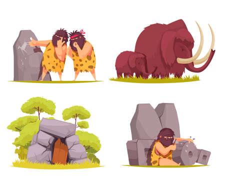 Caveman 2x2 design concept set of primitive men dressed in animal pelt busy with everyday worries cartoon vector illustrationのイラスト素材