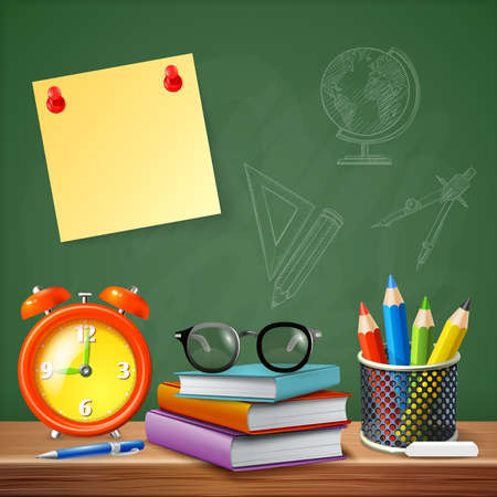 School supplies design concept with alarm clock stack of textbooks colored pencils reminder sticker realistic icons vector illustrationのイラスト素材