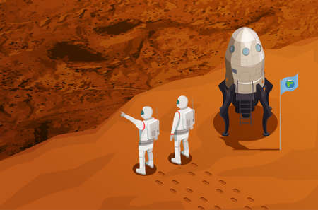 Mars exploration isometric poster with two astronauts near space ship arrived on red planet vector illustrationのイラスト素材