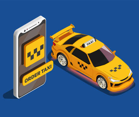 Order taxi isometric poster with yellow taxi car and big image of modern smartphone with mobile app taxi service vector illustrationのイラスト素材