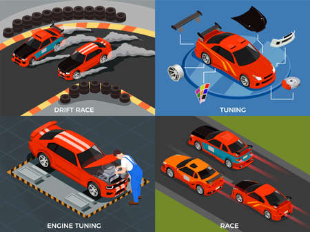 Car tuning 2x2 design concept set of engine and body modifications for drift race isometric vector illustrationのイラスト素材
