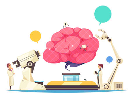 Nanotechnologies design concept with  micro chip implanted in human brain and robotic arm for surgical operation vector illustrationのイラスト素材
