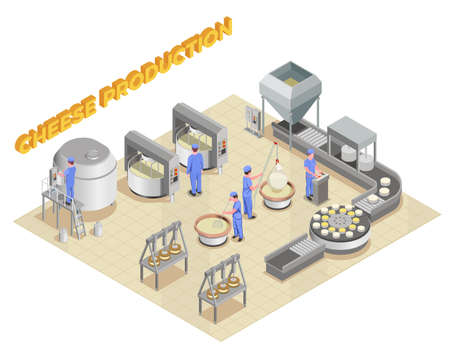 Cheese production isometric composition with elements of factory equipment and staff working in manufacturing process vector illustrationの素材 [FY310166450119]