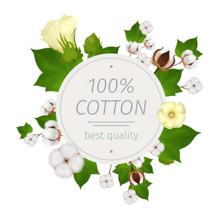 Colored round cotton realistic composition or emblem with flowers of cotton around and best quality headline at the center vector illustrationのイラスト素材