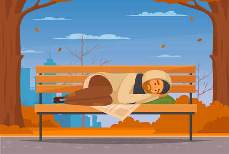 Cartoon homeless people flat composition with man lies on a bench in the street and he is cold vector illustrationのイラスト素材