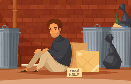 Homeless people cartoon composition with sad poor homeless man sits on the ground with nameplate need help vector illustrationのイラスト素材