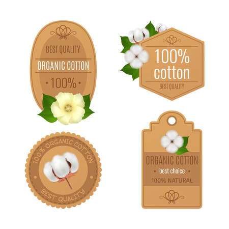 Four cotton emblems labels realistic transparent icon set with best quality organic cotton and natural descriptions vector illustrationのイラスト素材