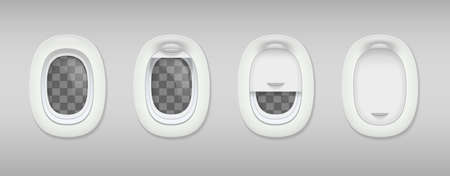 Colored porthole realistic composition four portholes in airplane closed and open vector illustrationのイラスト素材