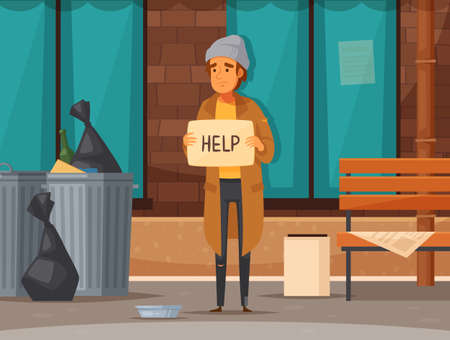 Flat homeless people cartoon composition with man begging on the street in autumn vector illustrationのイラスト素材