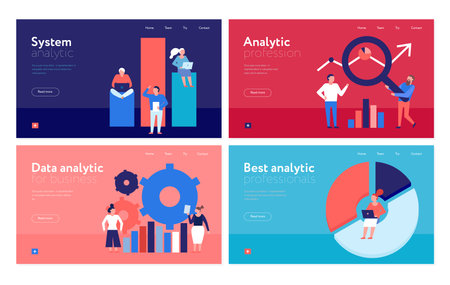 Data analytics 4 flat colorful banners web page design with business organization analysis system isolated vector illustrationのイラスト素材