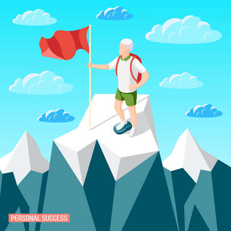 Personal success concept isometric background with mountain landscape and cragsman person with flag staying on peak vector illustrationのイラスト素材