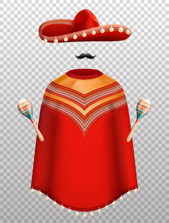 Mexican traditional clothes realistic set with sombrero poncho and maracas isolated on transparent background vector illustrationのイラスト素材
