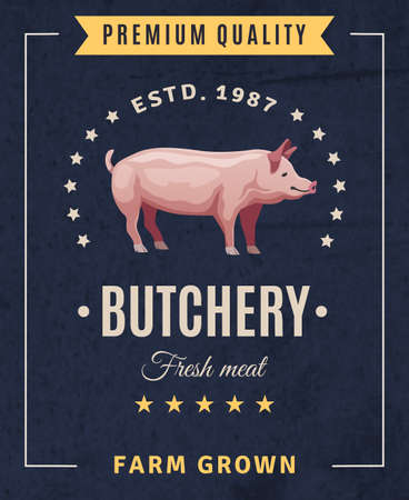 Butchery fresh meat vintage advertising  poster with pig and design elements on black background vector illustrationのイラスト素材