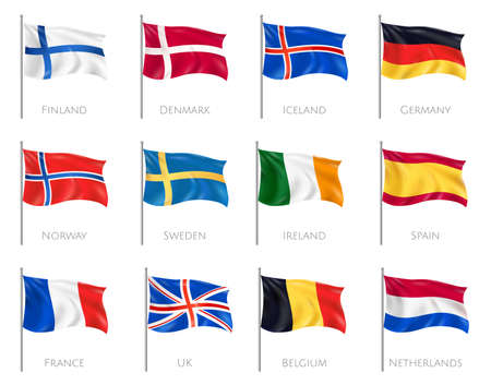 National flags set with Finland and Denmark realistic isolated vector illustrationのイラスト素材