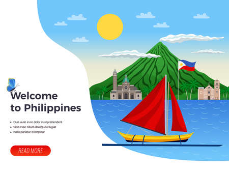Tourism on philippines sail boat in blue sea on background of volcano and churches vector illustrationのイラスト素材