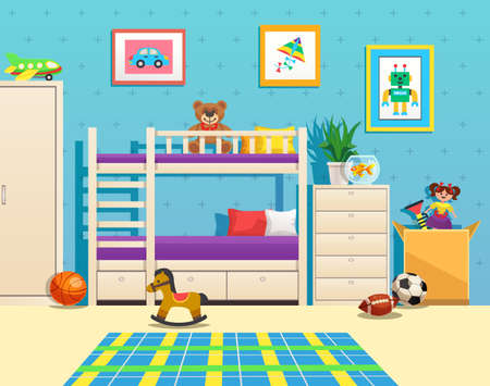 Tidy children room interior with bunk bed pictures on wall aquarium with fish and toys vector illustrationのイラスト素材