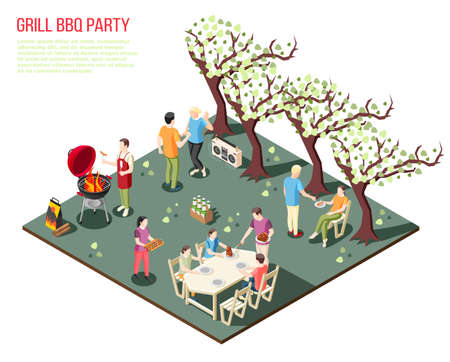 Grill bbq party isometric composition with big family members having rest outdoors with editable text description vector illustrationのイラスト素材