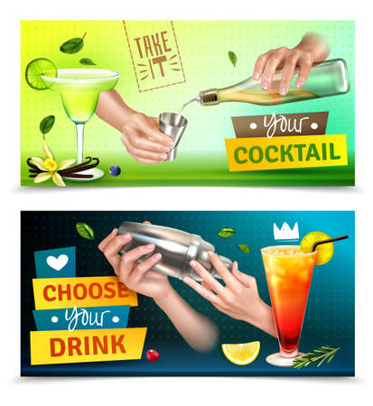 Realistic set of two colorful horizontal banners with bartender hands mixing cocktails isolated vector illustrationのイラスト素材