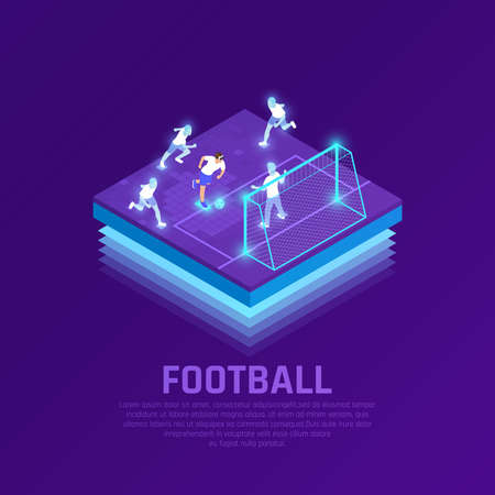 Man in vr headset and virtual players during soccer game isometric composition on purple background vector illustrationのイラスト素材