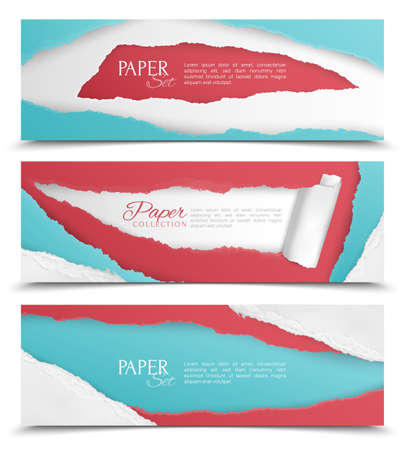 Realistic set of three horizontal abstract banners with colorful torn paper design and text field isolated vector illustrationのイラスト素材