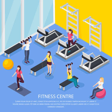 Women health isometric background indoor composition with human characters and fitness club room with editable text vector illustrationのイラスト素材