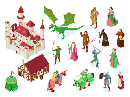 Medieval fairy tale isometric set with royal castle knights priest witch and dragon isolated vector illustrationのイラスト素材