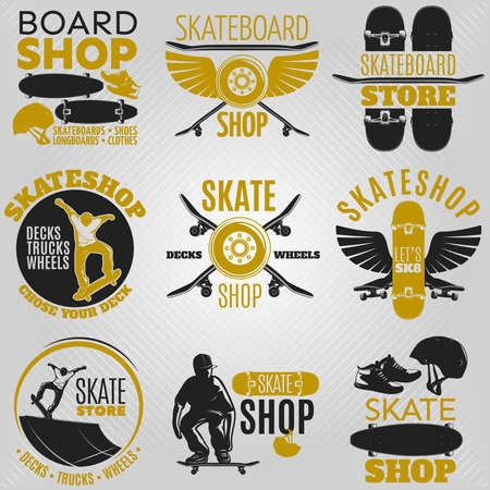 Colored skateboarding emblem set in different shapes with descriptions board shop skateboard shop skateshop vector illustrationのイラスト素材